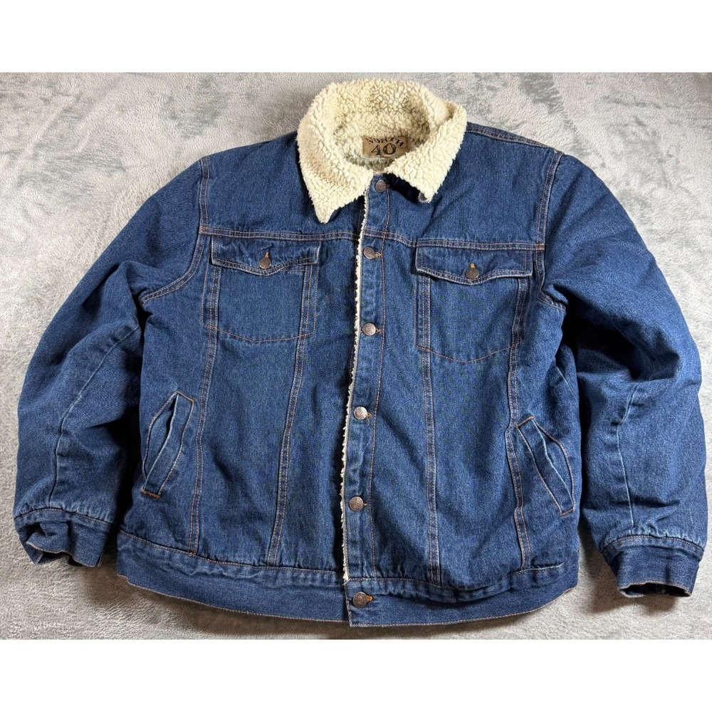 Vtg North 40 Denim Sherpa Jacket Fleece Lined Size L USA Made
